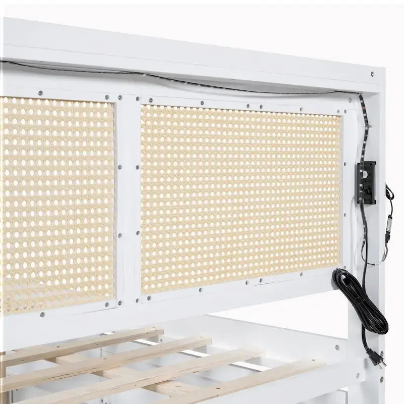 Walnut/White Rattan Headboard Storage Bed with LED & USB, Queen/Full, 2-Person