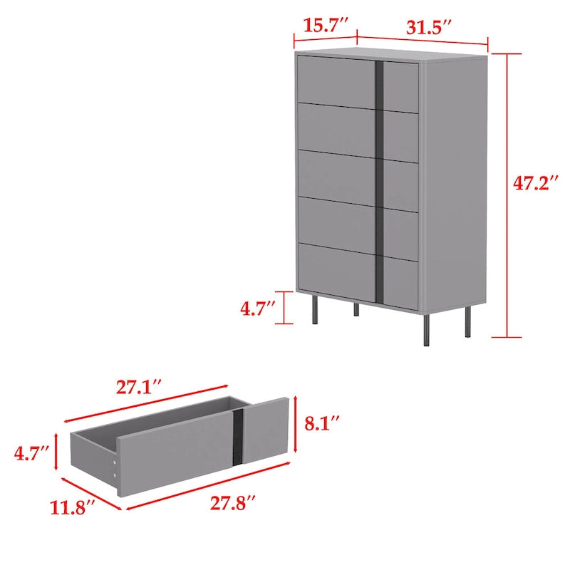 5-Drawer Modern Wooden Dresser with Adjustable Metal Legs
