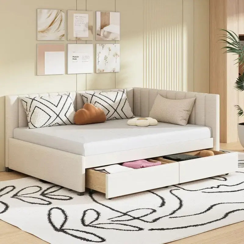 Full Size Daybed with 2 Storage Drawers – Beige/Grey/Yellow, Linen, Seats/Sleeps 2