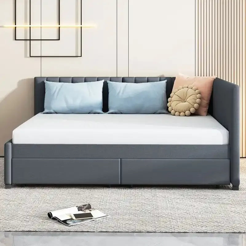 Full Size Daybed with 2 Storage Drawers – Beige/Grey/Yellow, Linen, Seats/Sleeps 2