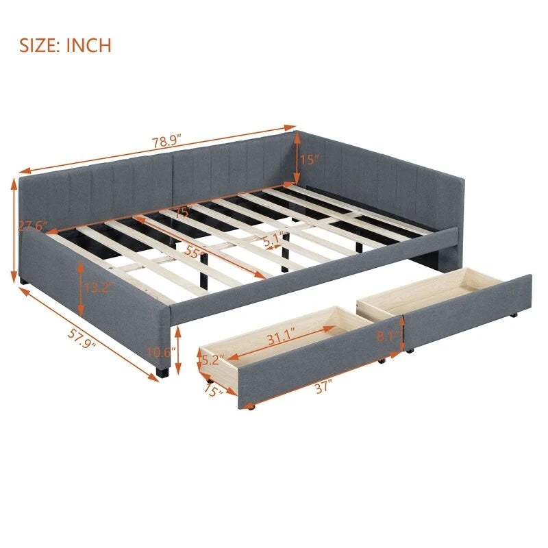 Full Size Daybed with 2 Storage Drawers – Beige/Grey/Yellow, Linen, Seats/Sleeps 2