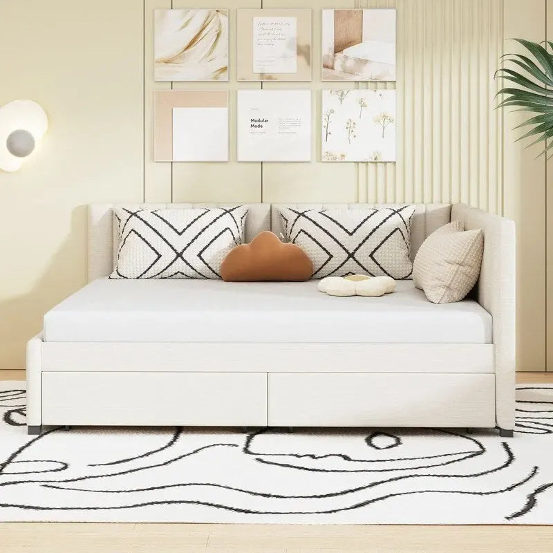 Full Size Daybed with 2 Storage Drawers – Beige/Grey/Yellow, Linen, Seats/Sleeps 2