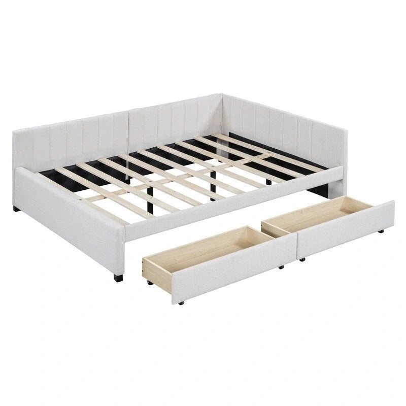 Full Size Daybed with 2 Storage Drawers – Beige/Grey/Yellow, Linen, Seats/Sleeps 2