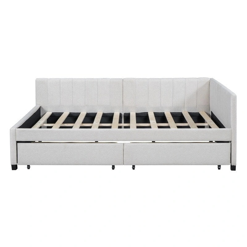 Full Size Daybed with 2 Storage Drawers – Beige/Grey/Yellow, Linen, Seats/Sleeps 2
