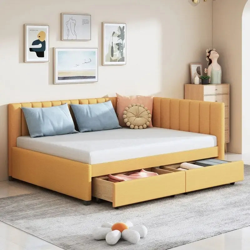 Full Size Daybed with 2 Storage Drawers – Beige/Grey/Yellow, Linen, Seats/Sleeps 2