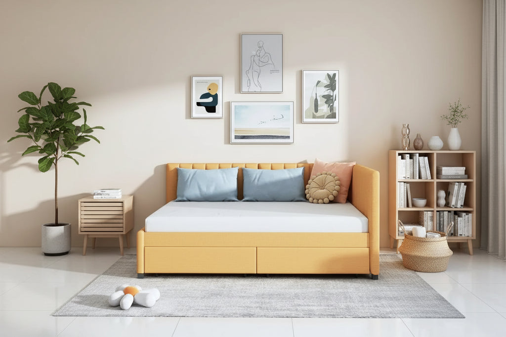 Full Size Daybed with 2 Storage Drawers – Beige/Grey/Yellow, Linen, Seats/Sleeps 2