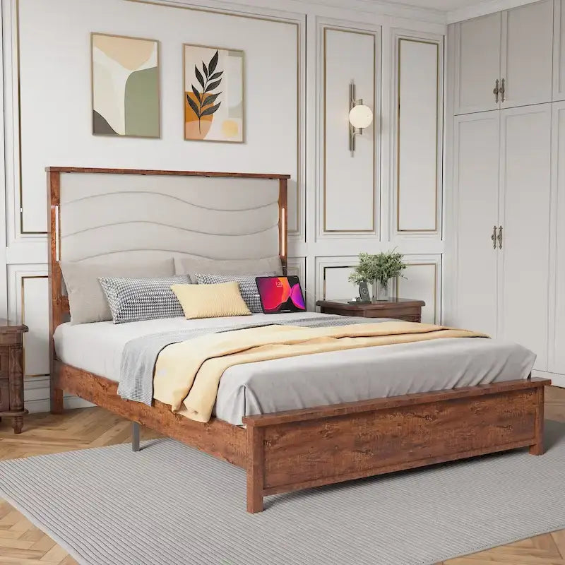 Brown Grey King Bed Frame, Platform Style, Fits 1–2 People