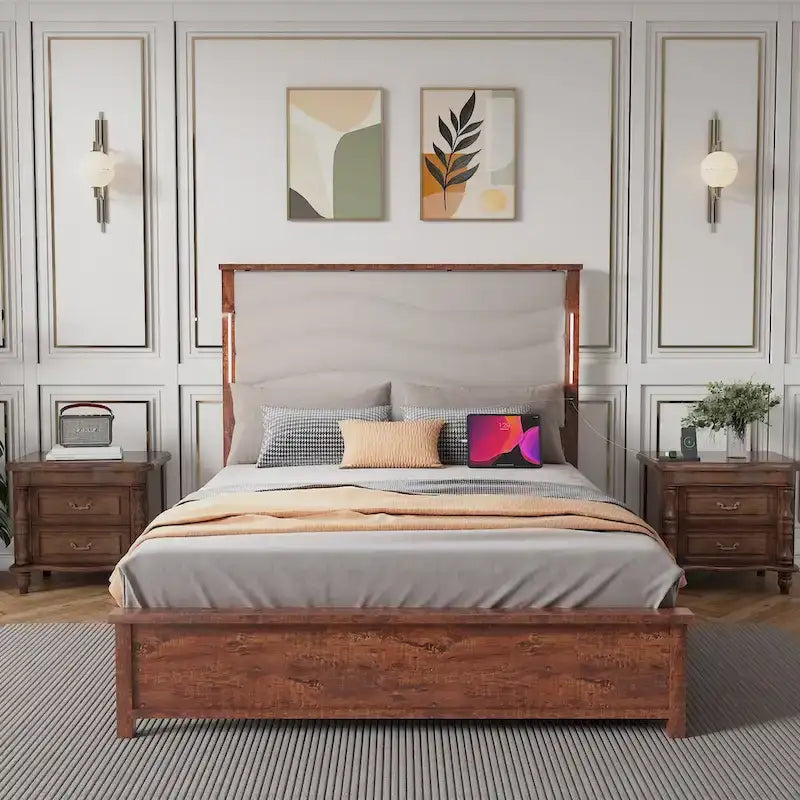 Brown Grey King Bed Frame, Platform Style, Fits 1–2 People