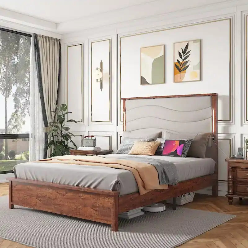 Brown Grey King Bed Frame, Platform Style, Fits 1–2 People