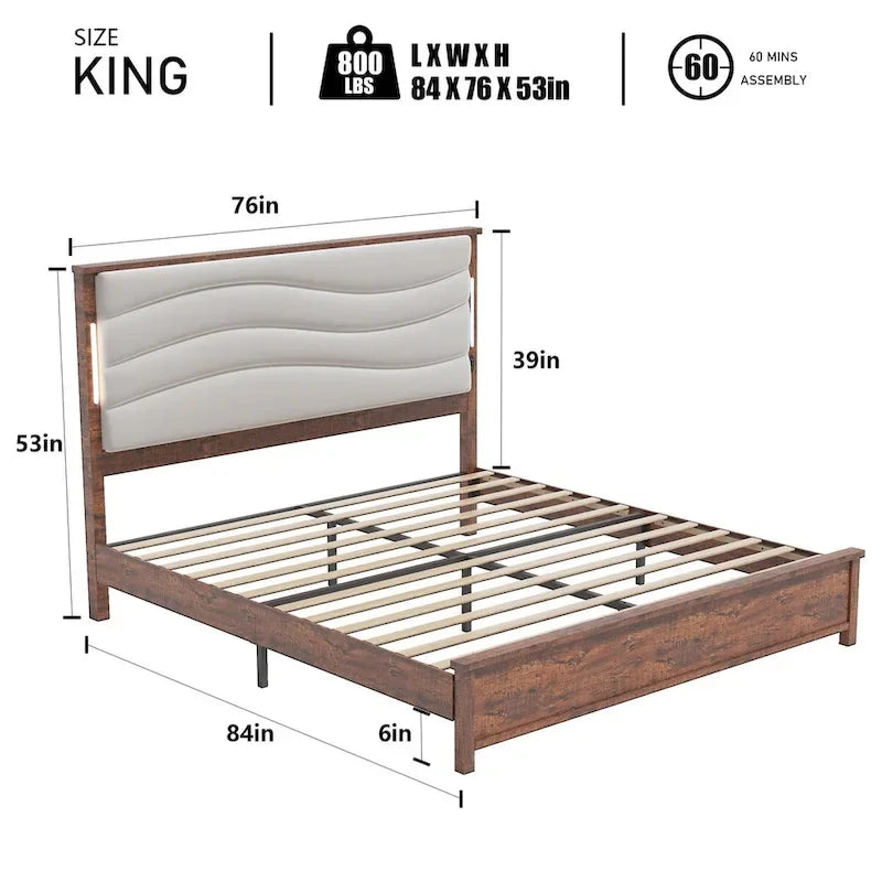Brown Grey King Bed Frame, Platform Style, Fits 1–2 People