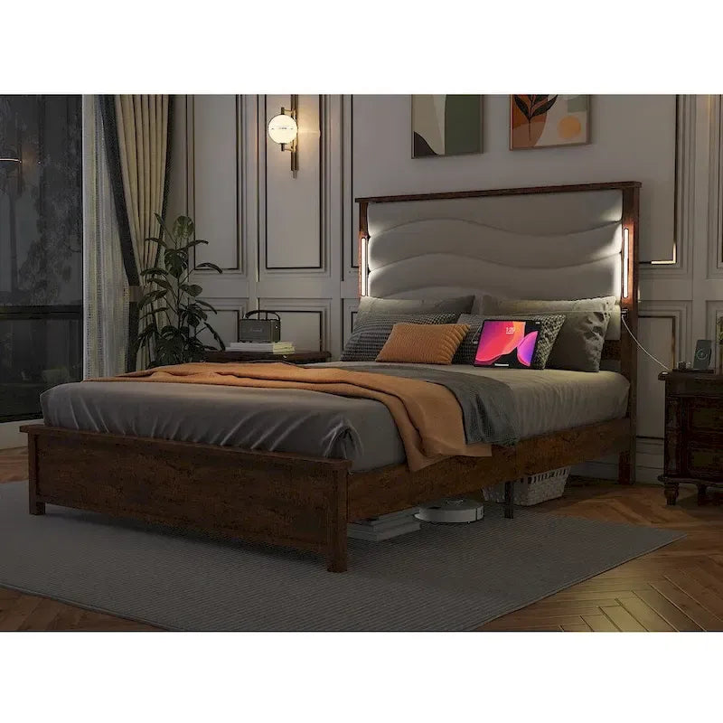 Brown Grey King Bed Frame, Platform Style, Fits 1–2 People