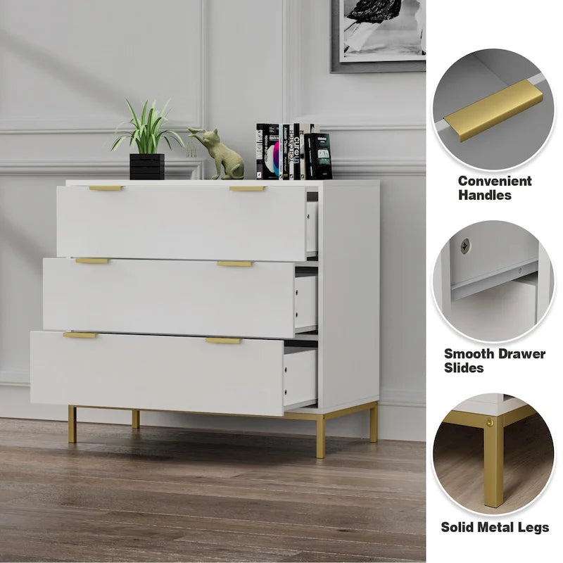 White 3-Drawer Dresser, Mid-Century Style, 2-Person Assembly