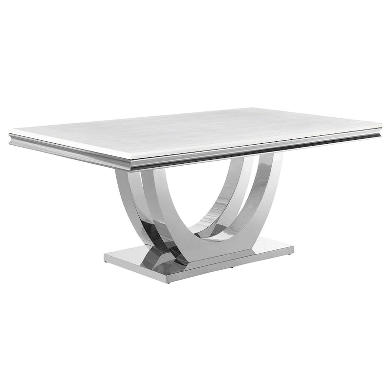 White & Chrome Rectangular Dining Table, Faux Marble Top, Seats 6