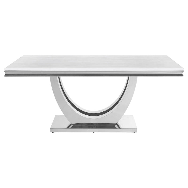 White & Chrome Rectangular Dining Table, Faux Marble Top, Seats 6