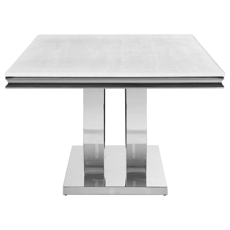 White & Chrome Rectangular Dining Table, Faux Marble Top, Seats 6