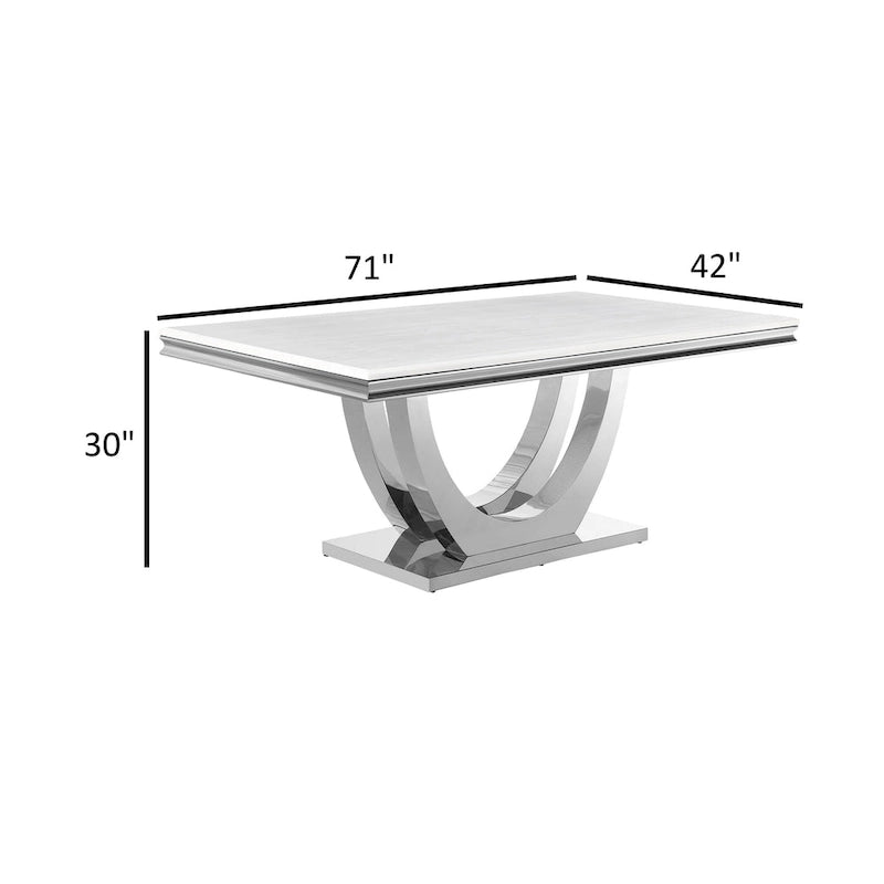 White & Chrome Rectangular Dining Table, Faux Marble Top, Seats 6