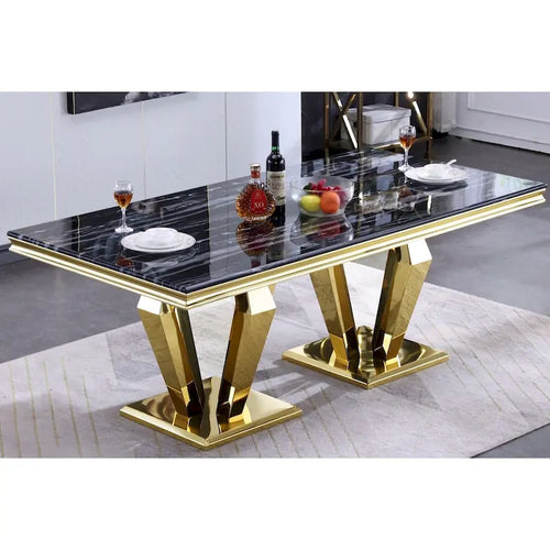 78" Rectangular Dining Table – Black/Silver, Double Pedestal, Seats up to 8
