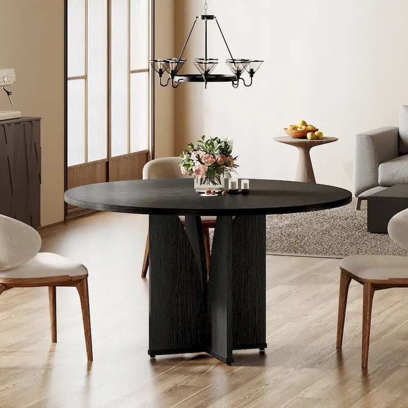 39.4" Round Dining Table for 4 – Black / Wood / Brown