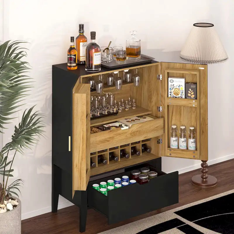 Brown & White Industrial Sideboard with Wine Rack & Stemware Holder, 1-Person Assembly