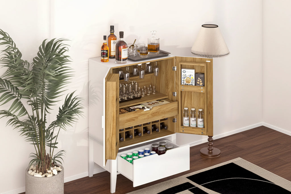 Brown & White Industrial Sideboard with Wine Rack & Stemware Holder, 1-Person Assembly