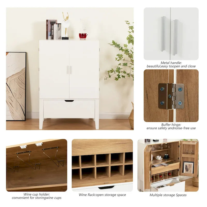 Brown & White Industrial Sideboard with Wine Rack & Stemware Holder, 1-Person Assembly