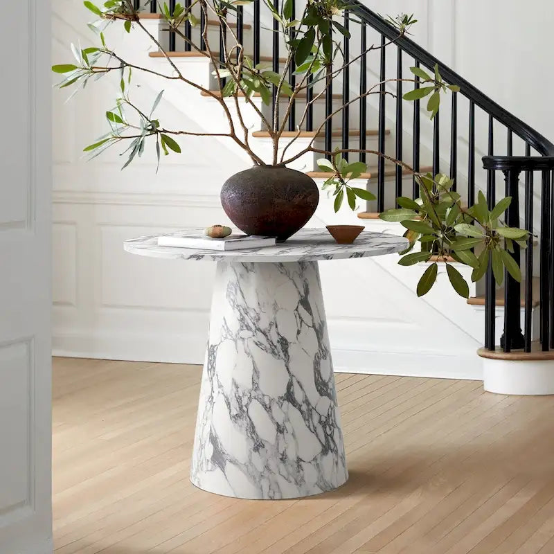 White Faux Marble Round Pedestal Dining Table, Seats 2-4