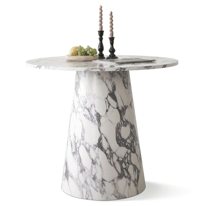 White Faux Marble Round Pedestal Dining Table, Seats 2-4