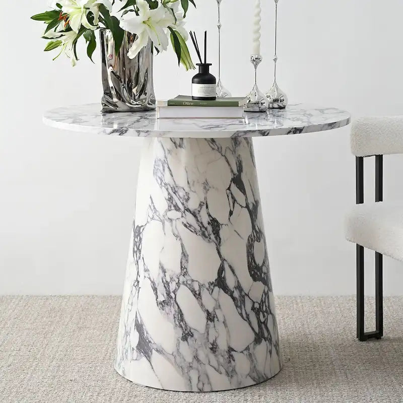 White Faux Marble Round Pedestal Dining Table, Seats 2-4