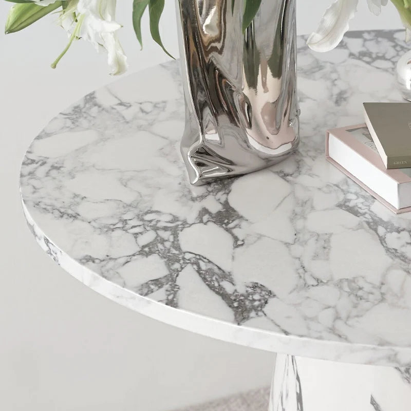 White Faux Marble Round Pedestal Dining Table, Seats 2-4